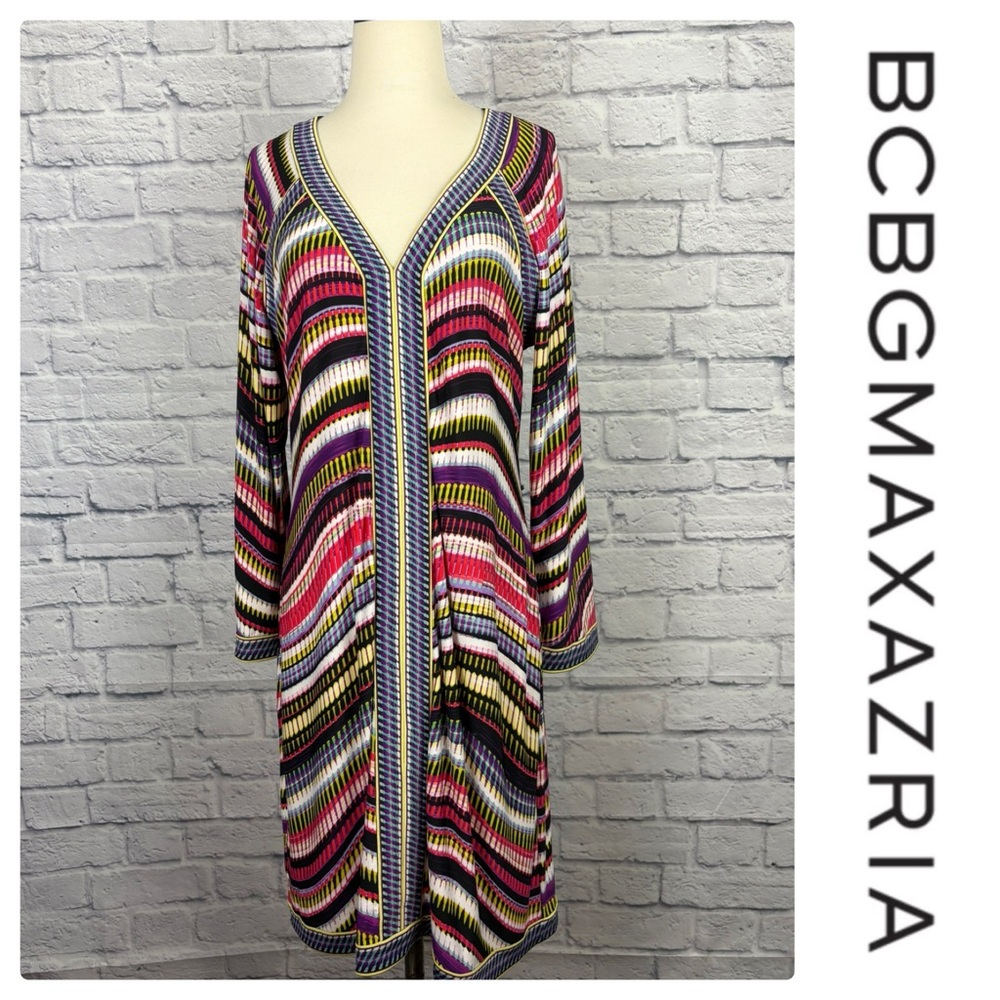 BCBG Max Azria Mayla Multicolor Striped V-Neck Long Sleeve Dress Size L